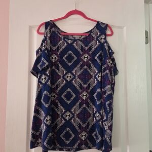 Catherines Navy and Magenta Geometric Cold-Shoulder Top